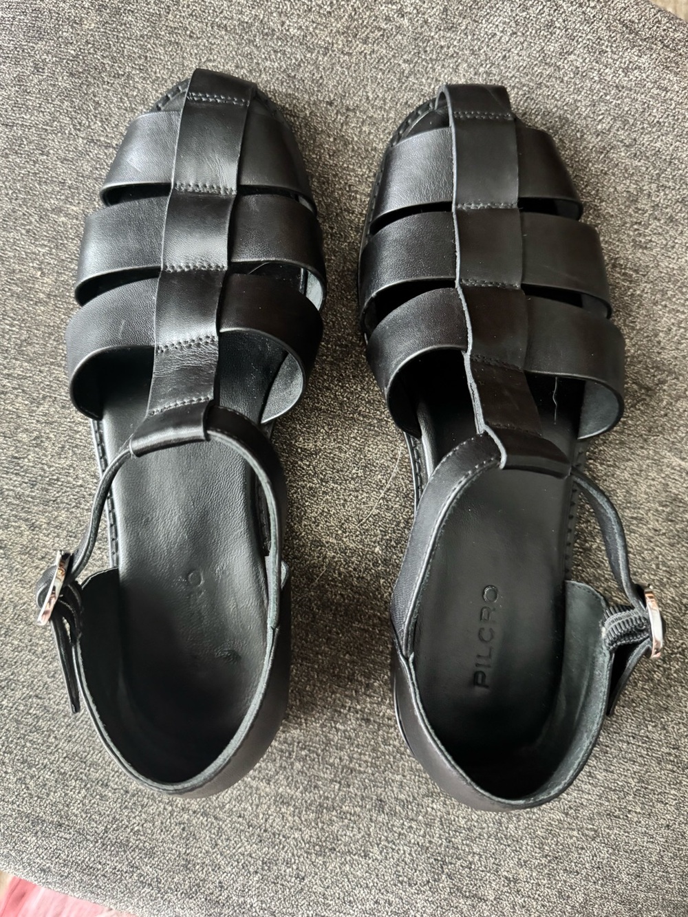 Anthropologie Pilcro Maris Fisherman Sandals 37 Black Leather Classic Cage Flats - Picture 12 of 15